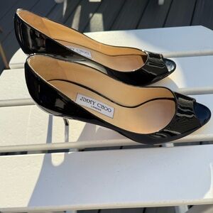 Jimmy Choo Black Patent Leather Peep Toe Heels Women's Designer Pumps Size 39.5
